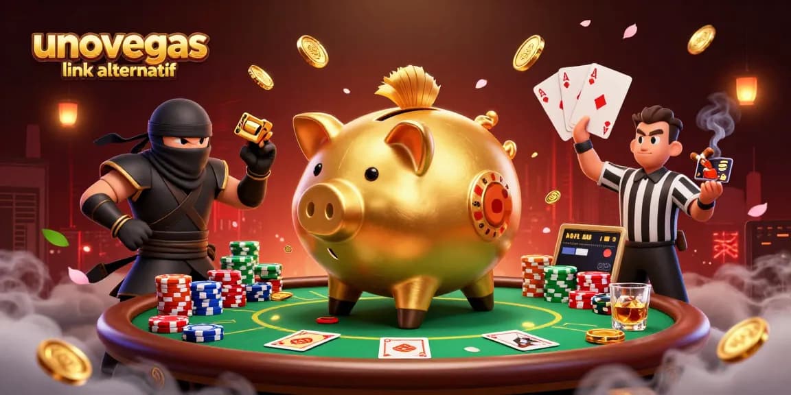Unovegas link alternatif menampilkan ilustrasi kasino online dengan karakter menarik dan suasana aksi yang dinamis.