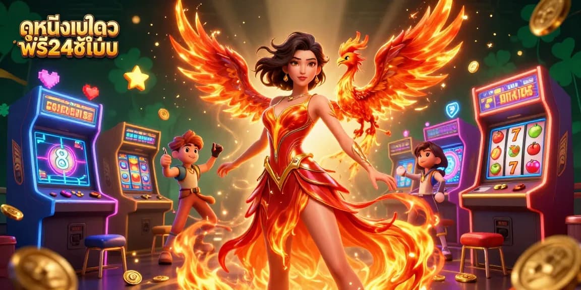 Experience ดูหนังออนไลน์ฟรี24ชั่วโมง with vibrant gaming elements, featuring a stunning scene with casino symbols and lively characters.
