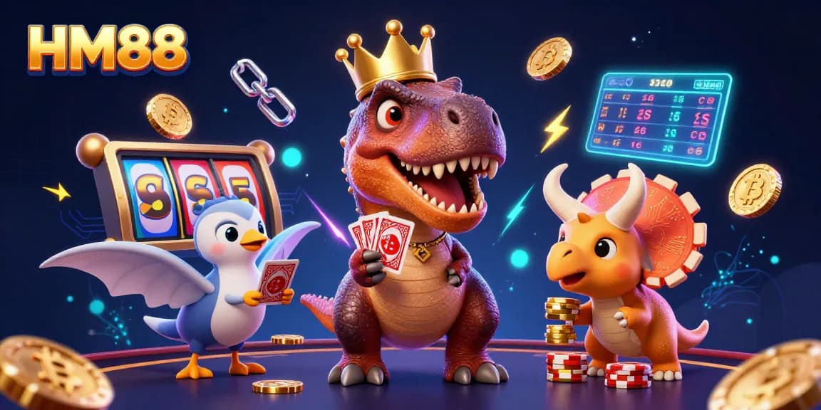 Engage in thrilling online gambling with HM88 as a cartoon T-Rex shuffles cards and wins chips!
