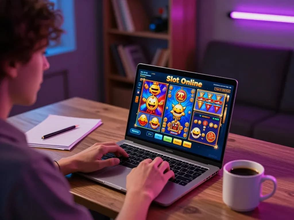 Playing Slot Online at home with a laptop, immersive gaming setup and cozy atmosphere