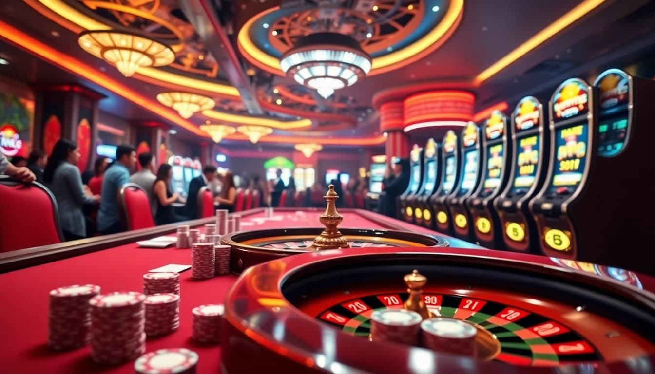 LC88 casino interface showcasing vibrant gambling elements like tables and slot machines.
