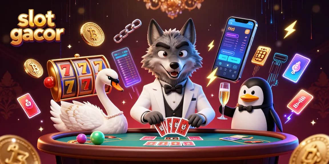 Experience slot gacor action with a 3D wolf dealer, elegant swan, and penguin presenting champagne.