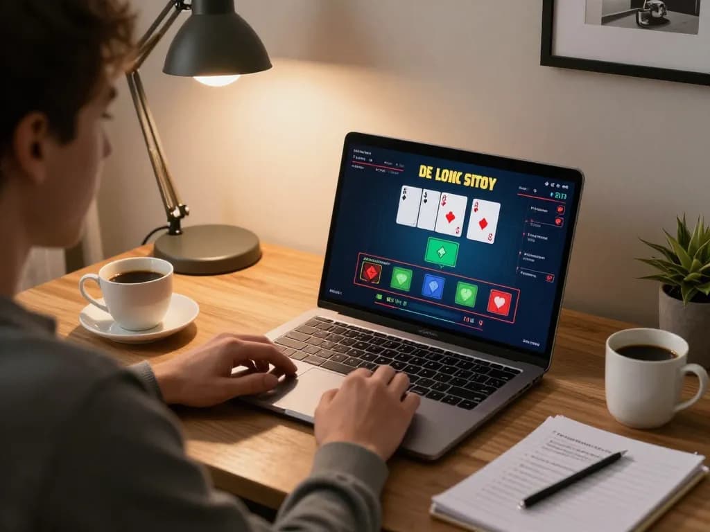 Hay88 player enjoying a virtual blackjack game on a laptop with strategy notes nearby