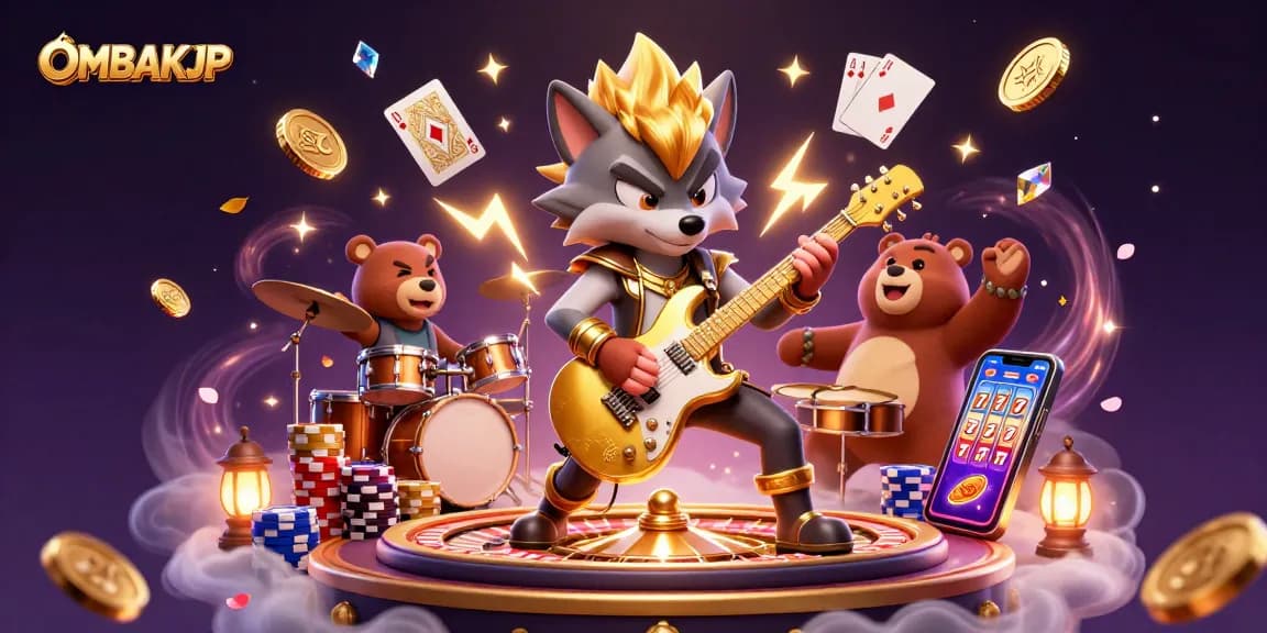 OMBAKJP showcases a thrilling casino scene with a rock star wolf and drummer bear amidst flying coins and vibrant game elements.