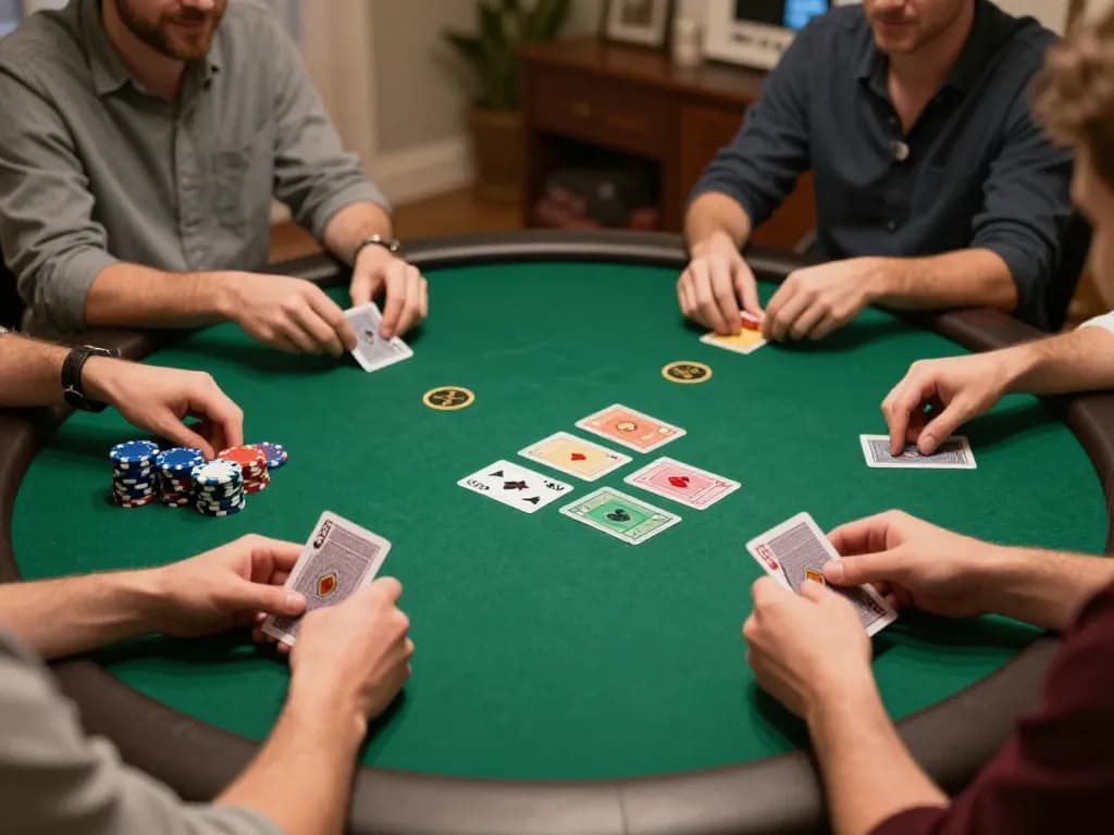 Players enjoying a friendly poker game at home while engaging with rikvip, highlighting competitive spirit.