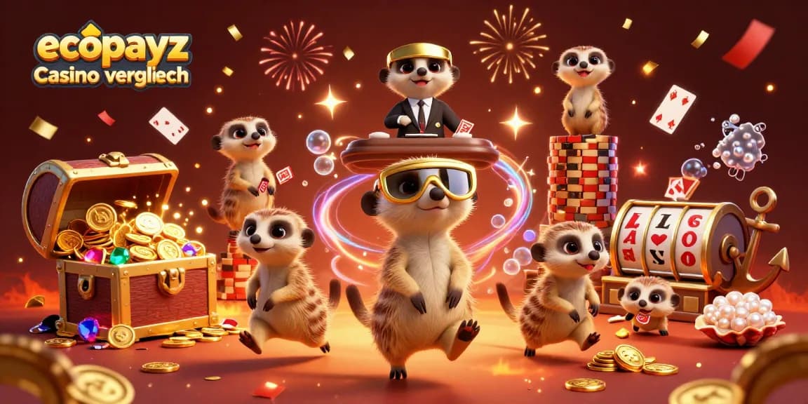 Experience the excitement at an EcoPayz casino vergleich as meerkats run a vibrant casino scene with slot reels and treasure.