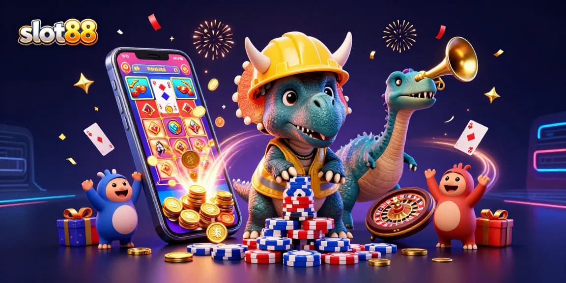 Menang di slot88 dengan triceratops membangun tumpukan chip poker di tengah sorak-sorai dan kembang api.