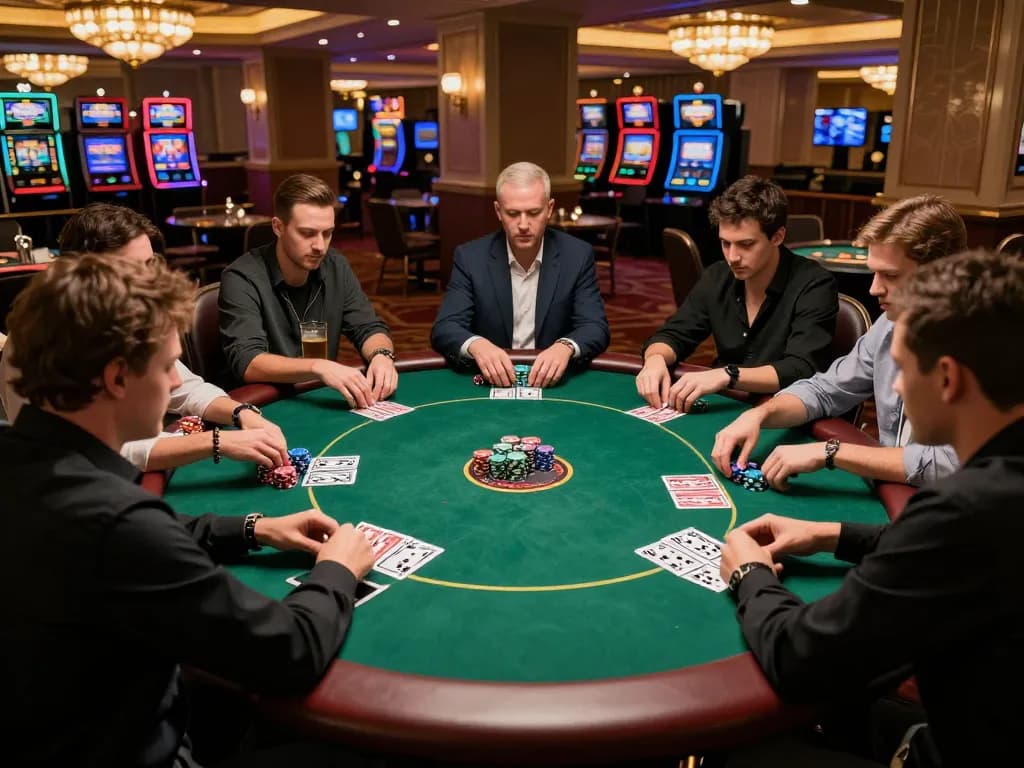 kp88 players engaged in high-stakes poker game at a luxurious casino table
