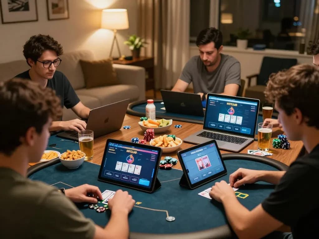Players engaging in an exciting online poker game at home, showcasing HITCLUB's vibrant interface and atmosphere.