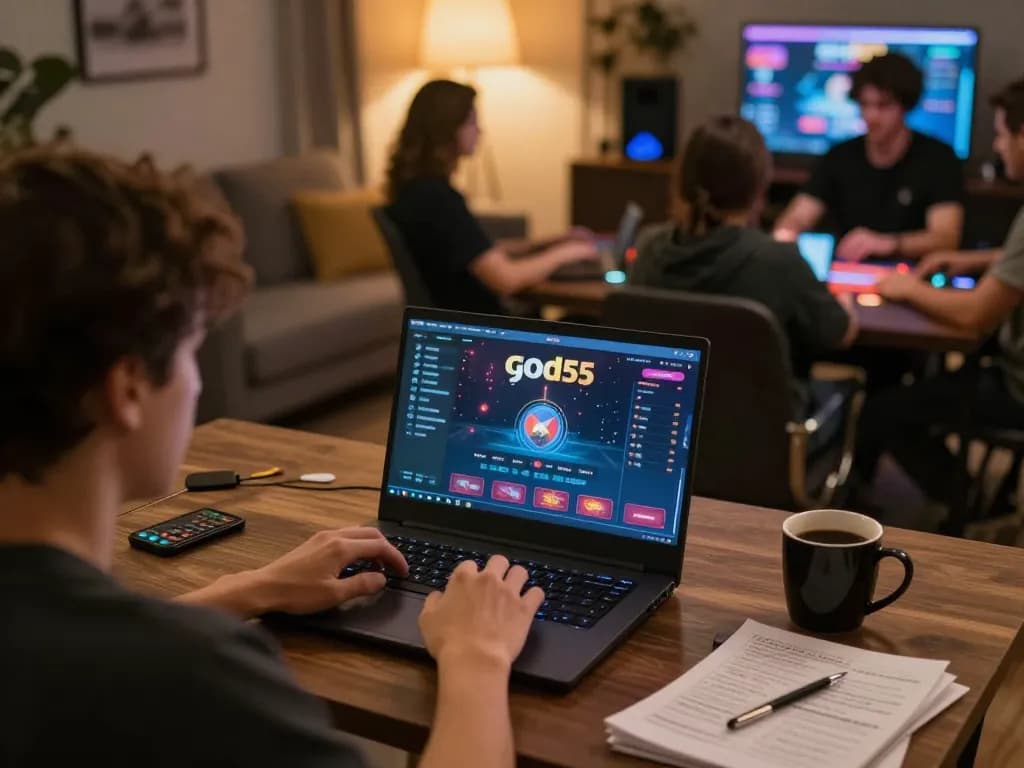 Engaging with god55 online casino game on laptop while strategizing in a cozy home setup