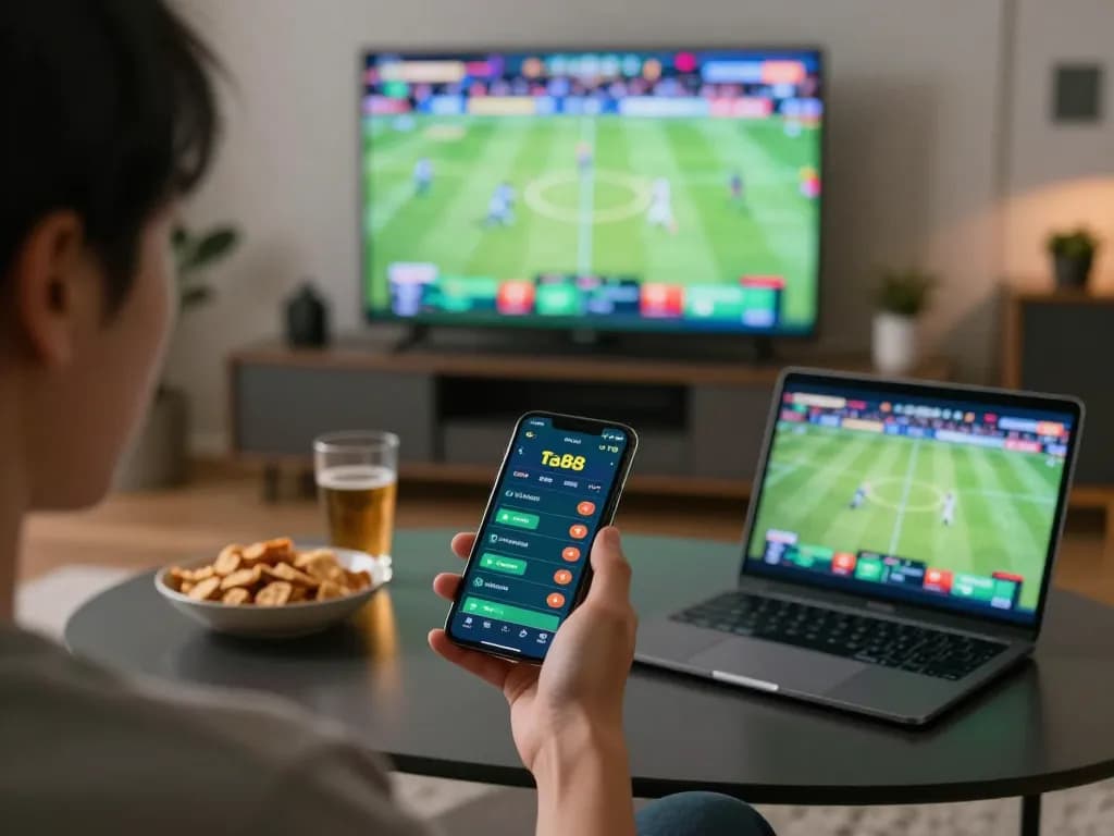 Engaged user placing bets on ta88 sports betting app in modern living room setting
