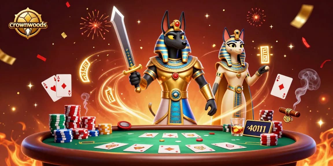 Engage with crownwoods' vibrant gaming scene featuring Anubis and Bastet at a casino.