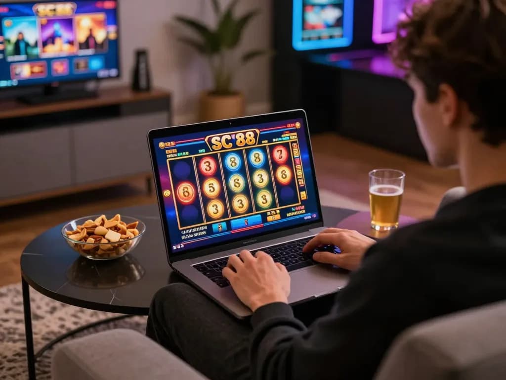 Player engaging with SC 88 themed slot game on laptop, cozy home setting