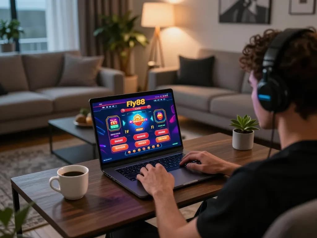 Engaged user playing Fly88 online casino in a cozy home setting, showcasing immersive gaming.