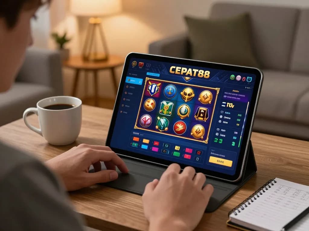 Pemain terlibat dalam sesi permainan online CEPAT88 dengan tablet yang menampilkan slot yang cerah dan catatan strategi.