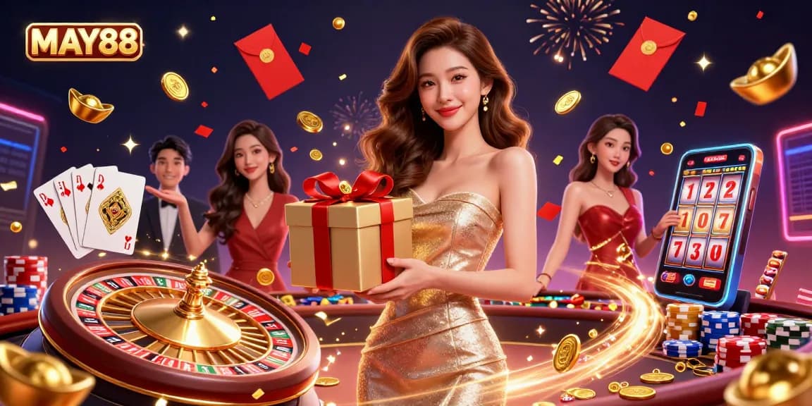 MAY88 thrills with a gorgeous Asian woman in a festive casino setting, showcasing golden coins and gaming elements.
