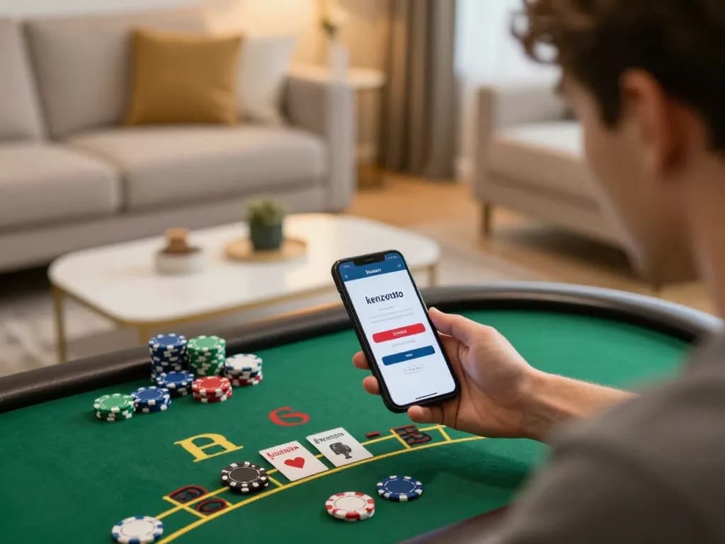Berinteraksi dengan login kenzototo di smartphone selama permainan baccarat langsung, menampilkan suasana permainan rumah yang nyaman.