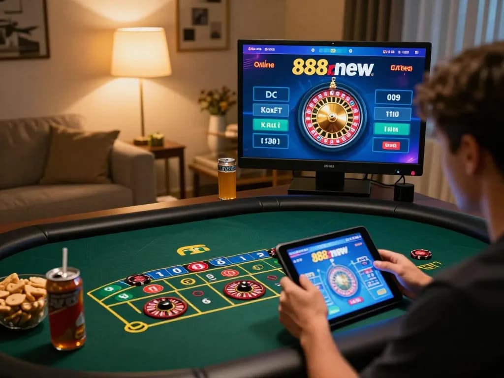 Engaging in live dealer gameplay on 888new with tablet, illustrating strategic online gambling.