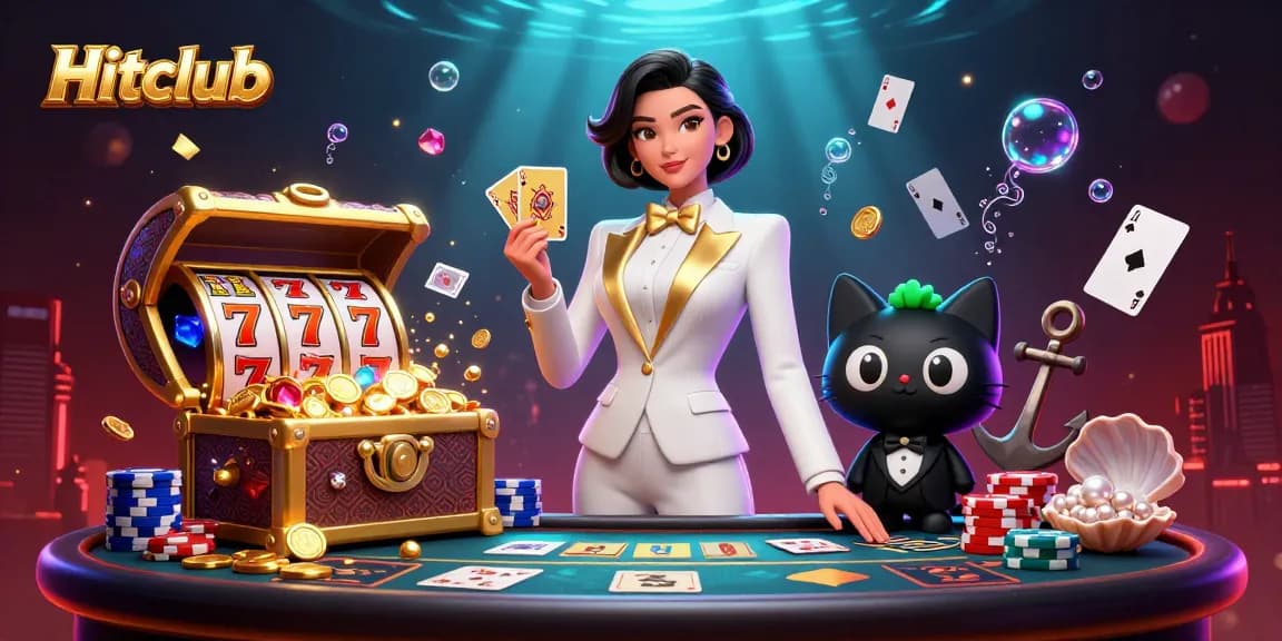 Hitclub showcases a vibrant casino atmosphere, featuring a glamorous woman shuffling cards beside a playful cat.