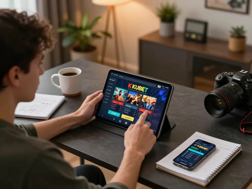 KUBET player engaging with online casino app on tablet in stylish home setup, emphasizing responsible gaming.