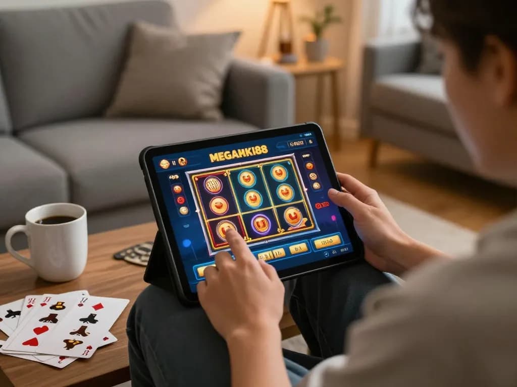 Engaging with megahoki88 online casino gaming on a cozy sofa, showcasing vibrant gameplay.