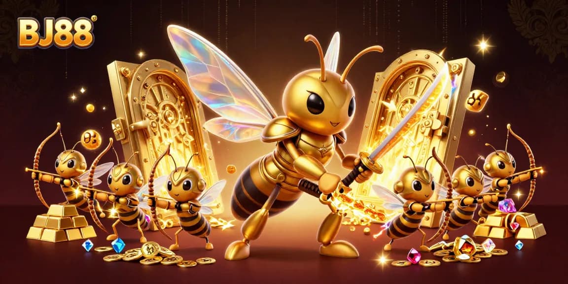 BJ88 engages players with a vibrant 3D scene featuring a golden hornet and treasure in an online casino.