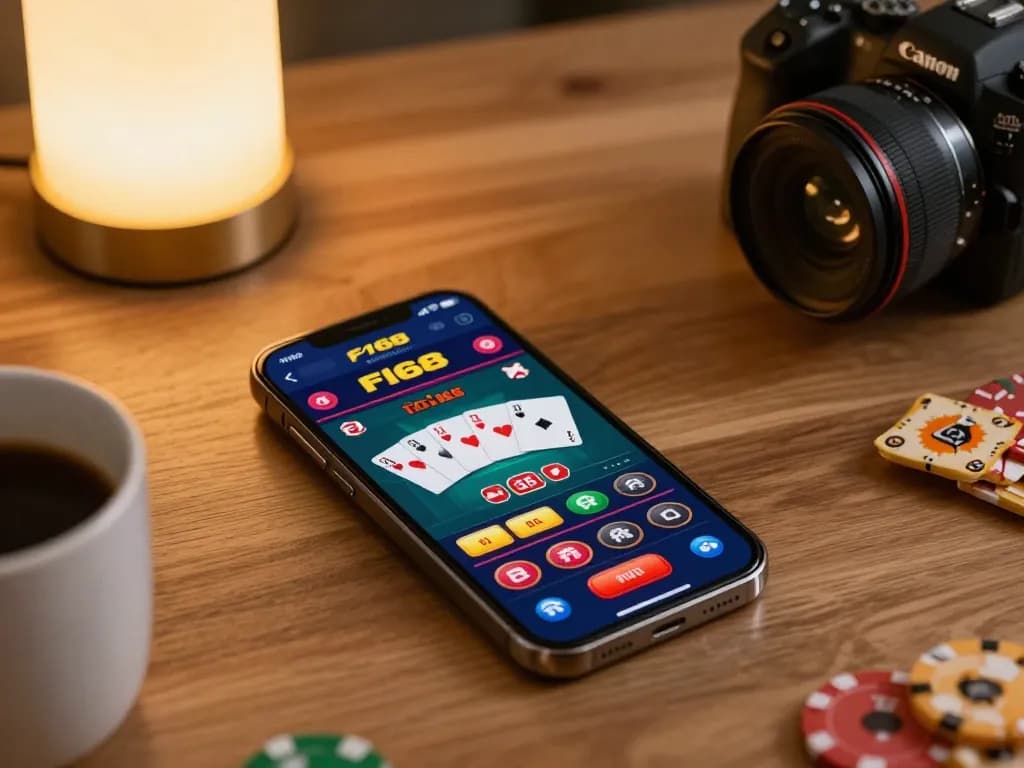 Engaging gameplay on F168 casino app displayed on smartphone amidst cozy home setting