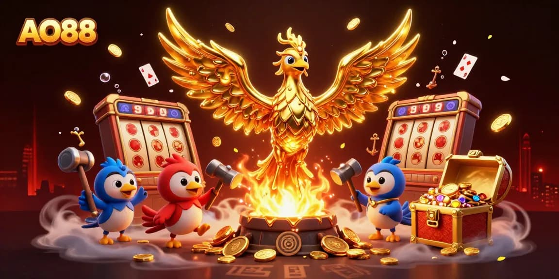 Join the action on AO88 as the golden phoenix emerges in a thrilling casino scene with slot reels!