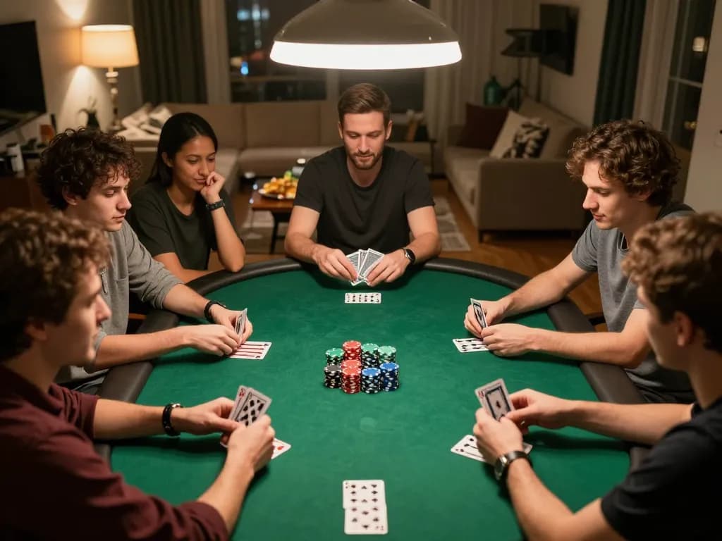 Friends enjoying an engaging poker night at home, showcasing ulat123 strategy with serious gameplay.