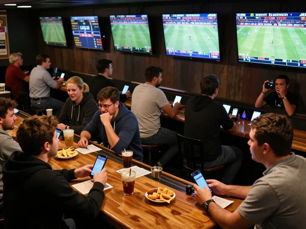 Fans cheering and placing bets on 8xbet amidst live sports events at a lively bar.