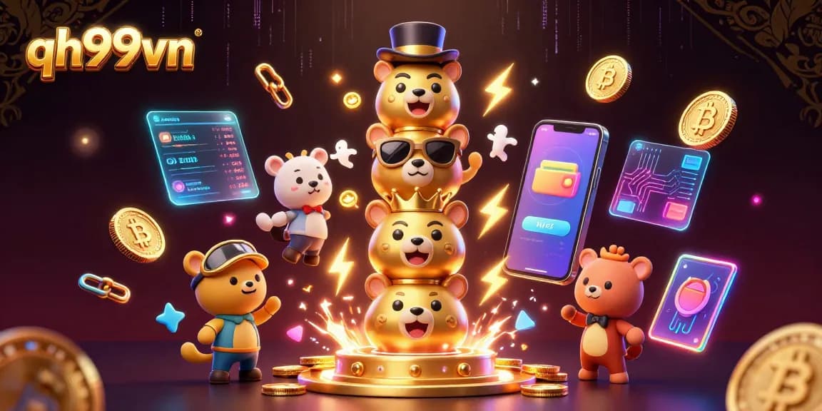 Experience the excitement at qh99vn, featuring a lively 3D totem pole with Bitcoin and Ethereum elements.