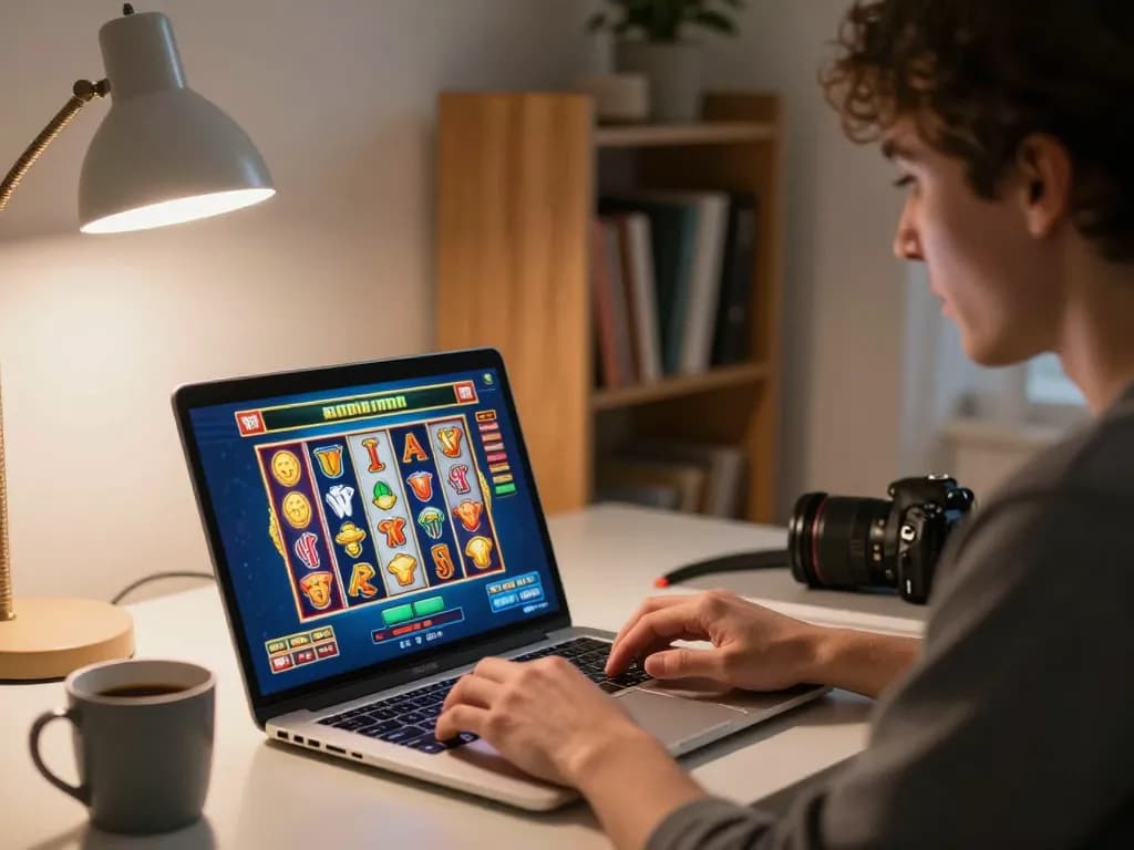 Player enjoying online slots on a laptop for thrilling to188 gaming experience at home.