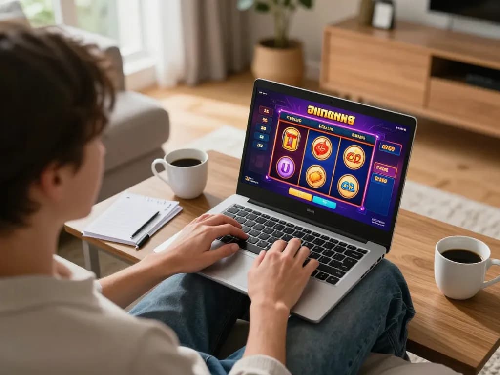 Pemain menikmati permainan slot dalam talian di laman 100 cuci dalam suasana rumah yang selesa.