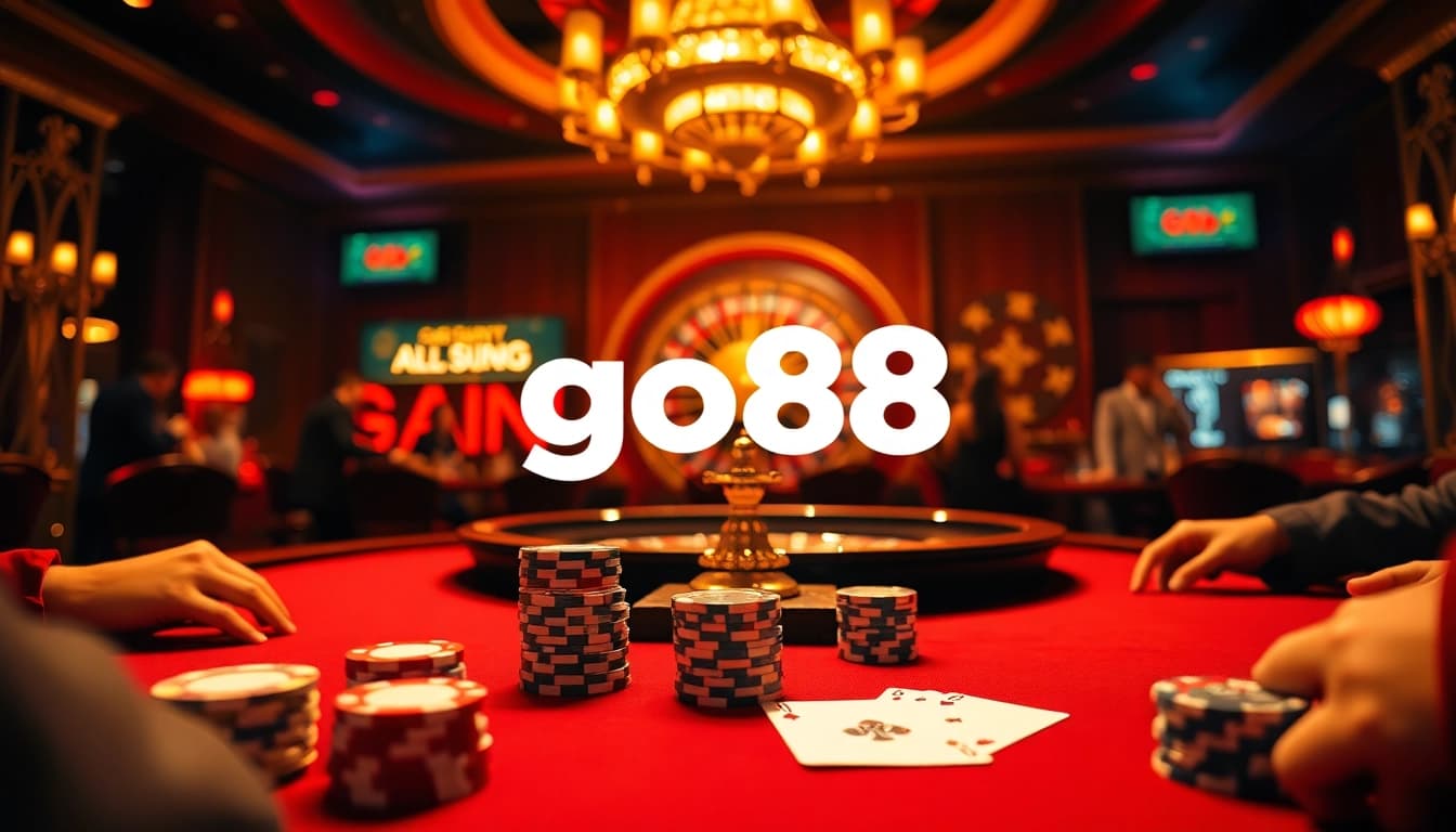 Go88 casino gaming scene with vibrant tables, poker chips, and roulette wheel reflecting luxury.