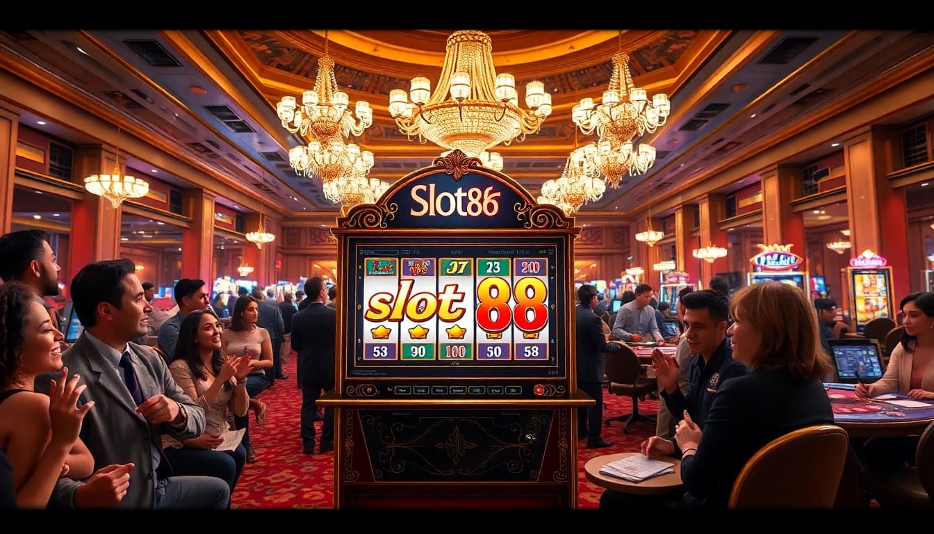 Players experiencing the thrill of slot88 in a luxurious casino setting, showcasing excitement and vibrant designs.