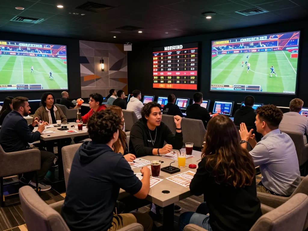 Excited fans engaging in soi kèo bóng đá at a sports betting lounge with multiple screens and betting slips.
