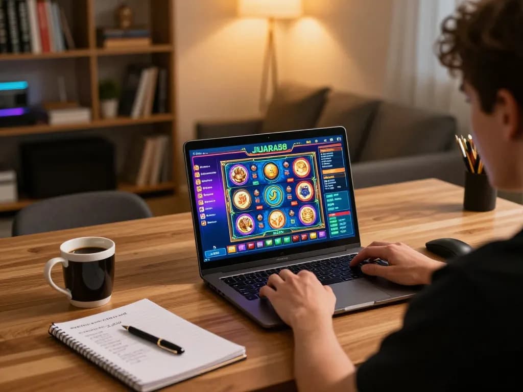 Player enjoying JUARA88 slot games on laptop at home, showcasing strategic gameplay.