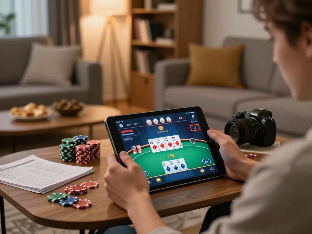 C168 online gambler enjoying a poker game on a tablet in a cozy living room, emphasizing responsible gaming.