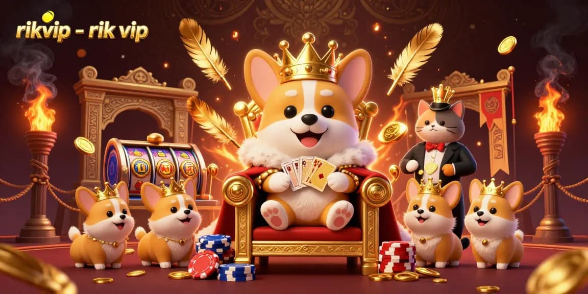 Experience the thrilling action at rikvip - rik vip with a royal corgi and gaming elements in a vibrant casino scene.