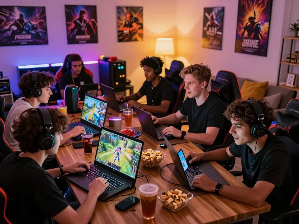 Players enjoying meledak88's online gaming experience in a vibrant gaming lounge.