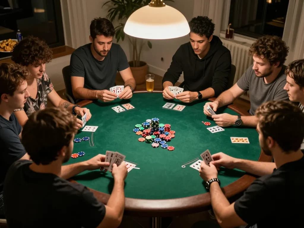 Players engaged in a friendly poker game at home, showcasing bl555 as a platform for strategic gambling moments