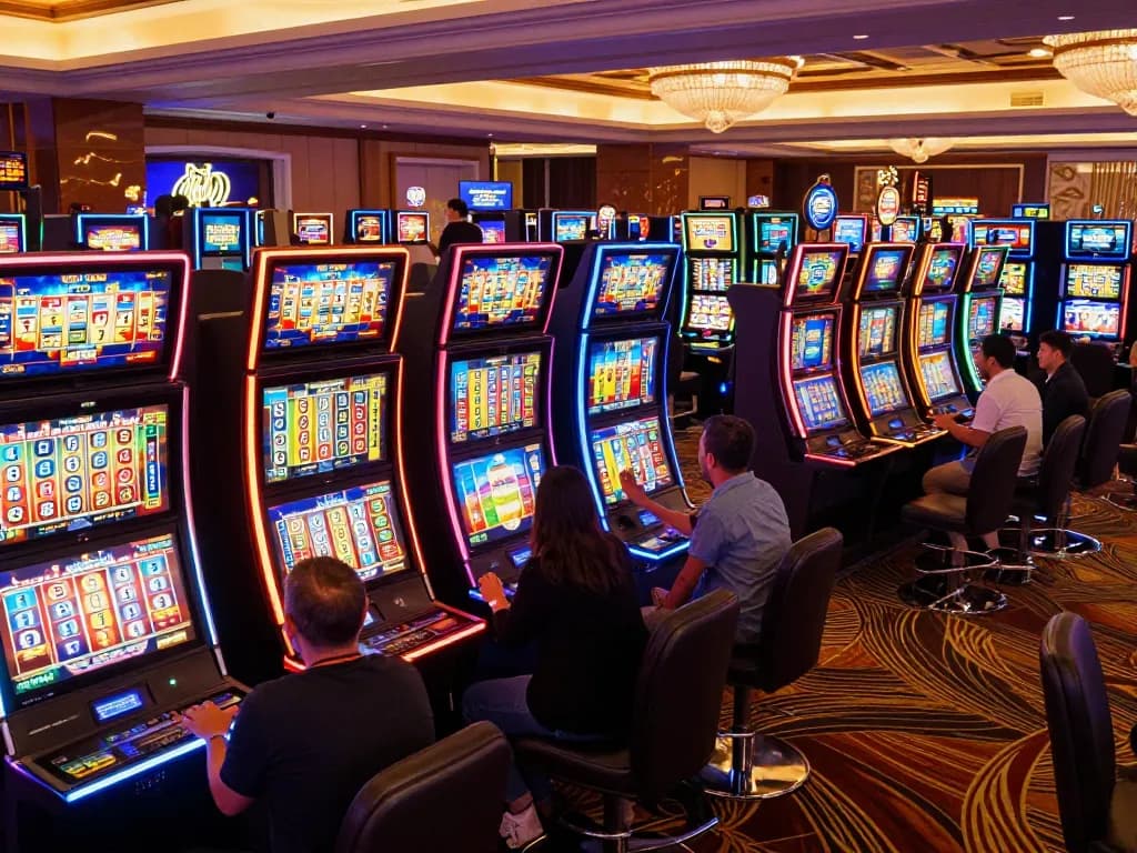 Engaging atmosphere at the link slot section of a casino with colorful machines and enthusiastic players