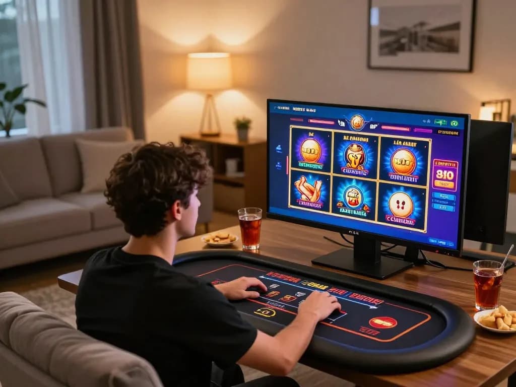 Player enjoying dn88 online slot game on computer in cozy home environment.