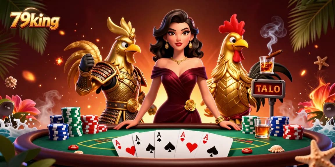 Join the excitement at 79king with a glamorous woman and golden rooster warrior engaged in poker.