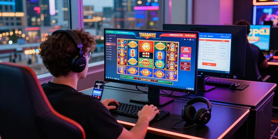 Engaged player at a modern desk using casinos that accept credit cards, vibrant gaming interface displayed on screen amidst colorful game graphics.