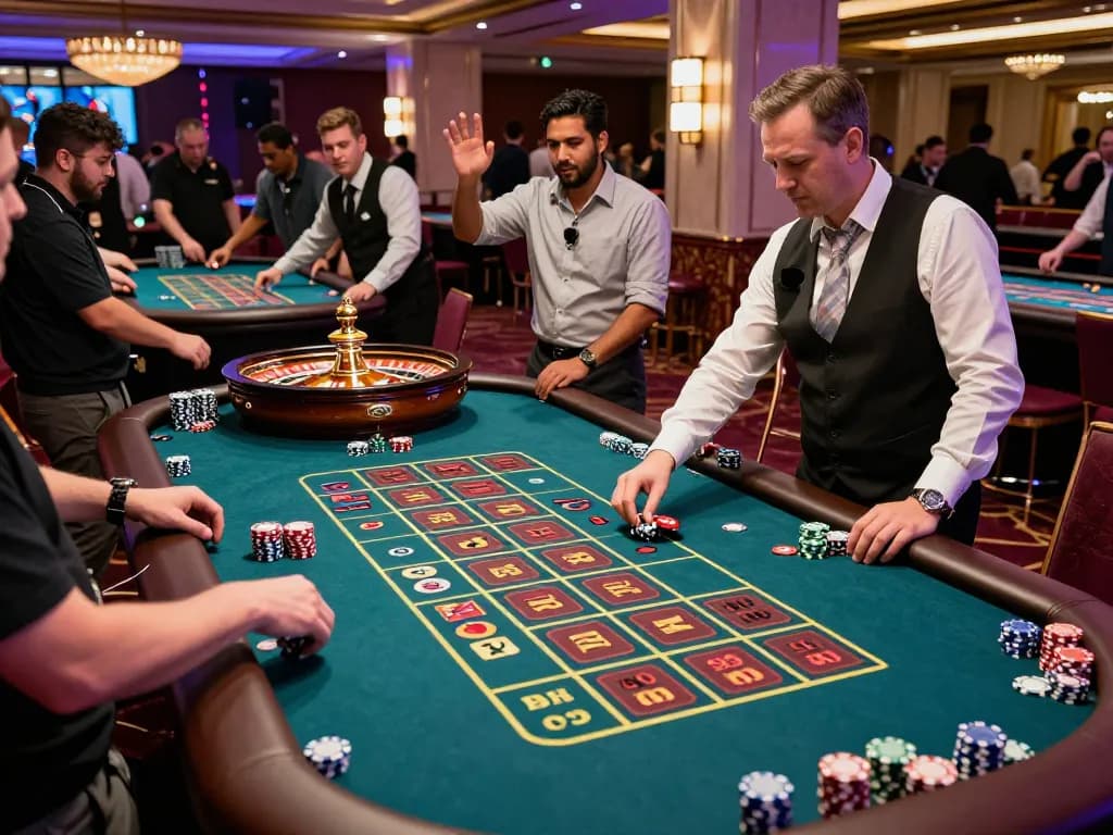 Players enjoying roulette at VN789 casino, capturing excitement and strategy in vibrant atmosphere