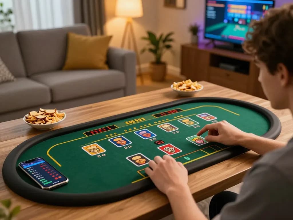 DABET users enjoying live dealer games at home with a cozy gaming setup and warm ambiance.