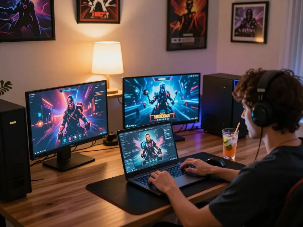 Engaging scene of a player enjoying 100Cuci online casino games at home, illustrating modern gaming lifestyle.