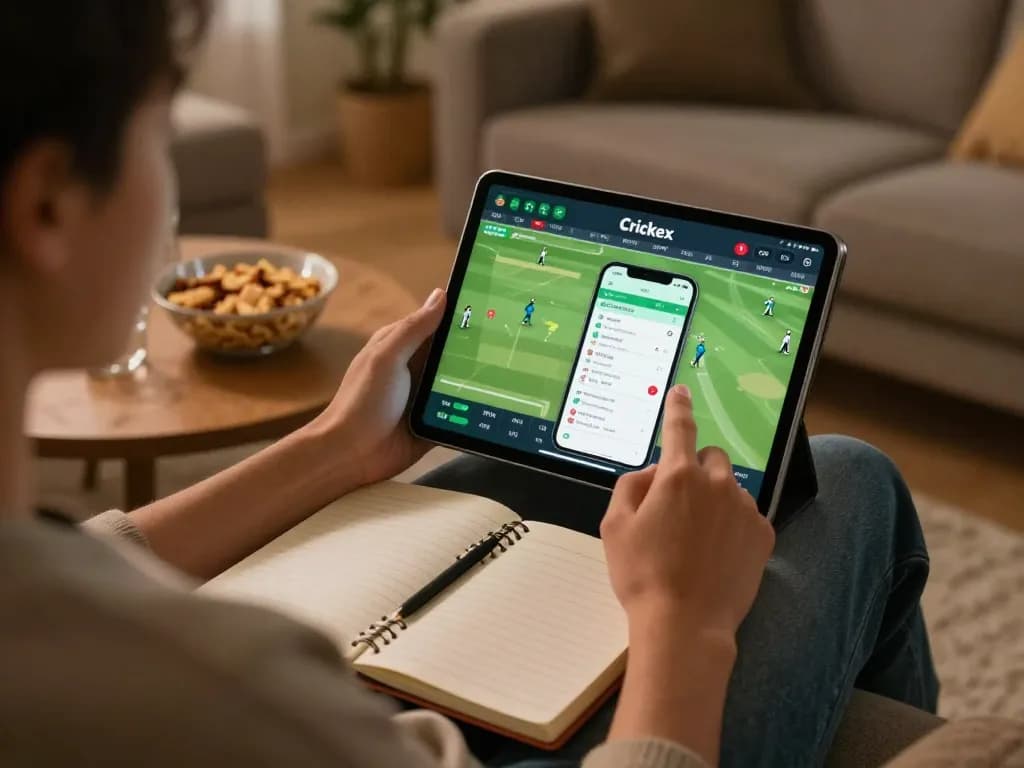 Person placing bets on Crickex mobile app during live cricket matches at home, cozy environment.