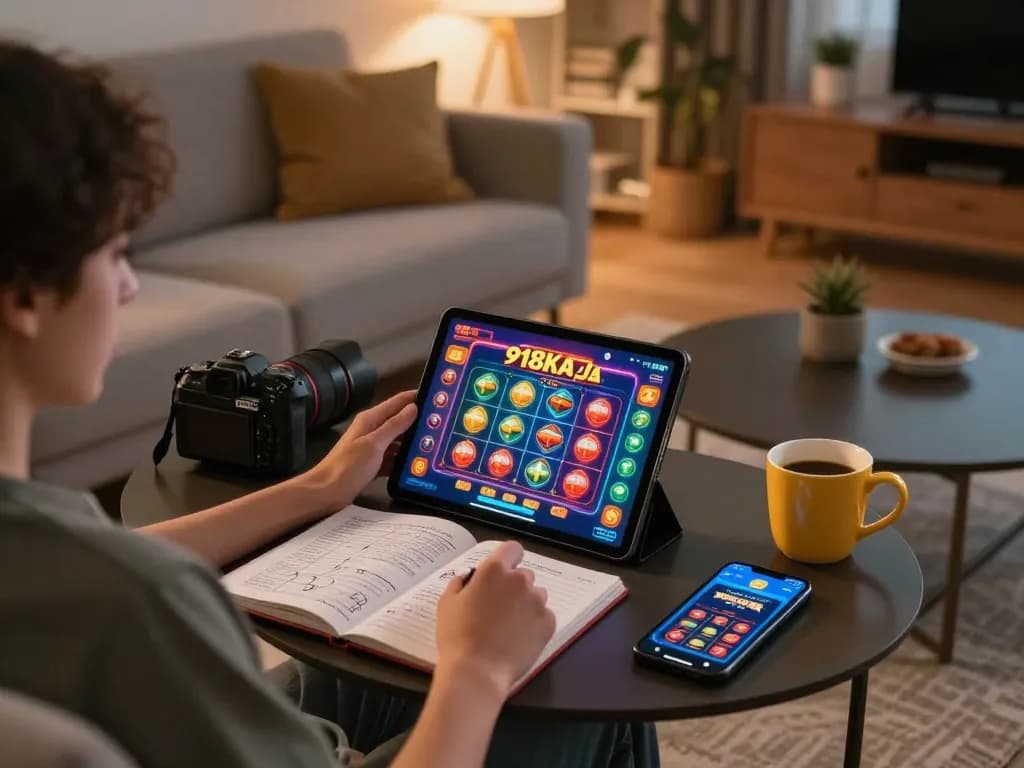 Enjoying online gameplay on 918Kaya PNG with tablet and strategy notes in cozy living room